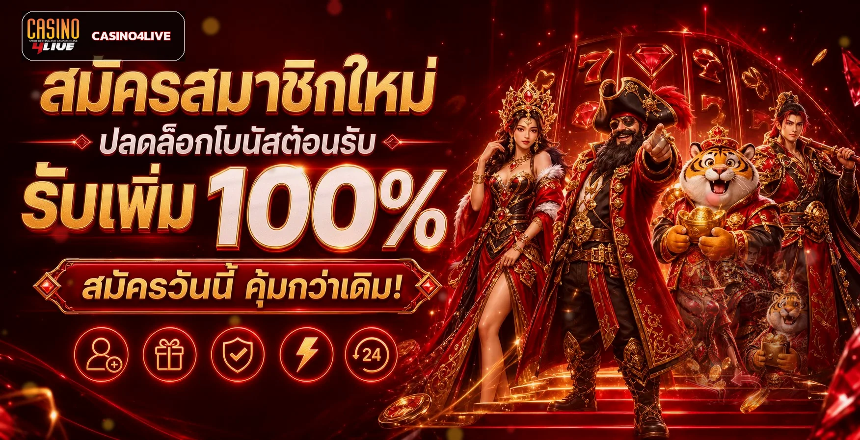 แบนเนอร์ CASINO4LIVE คาสิโนออนไลน์โทนแดงดำพร้อมตัวละครเกม